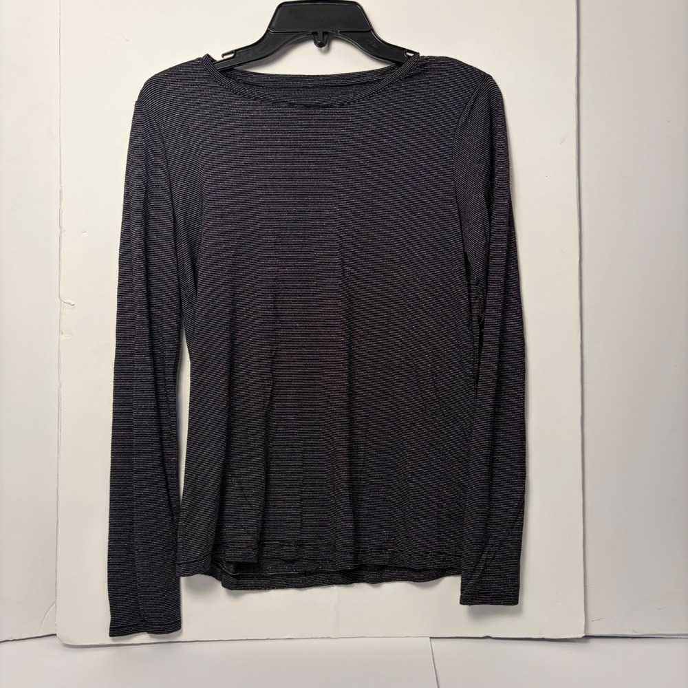 Nine West Soft Spun Metallic Stripe Long Sleeve Top Black Silver Womens Small